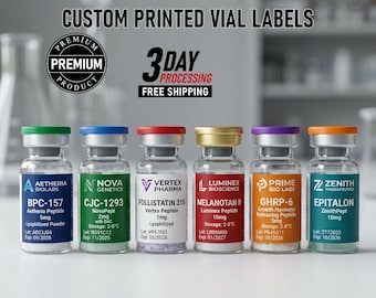 Custom Printed Peptide Vial Labels, Matte or Gloss Finish, 3ml-10ml Vials