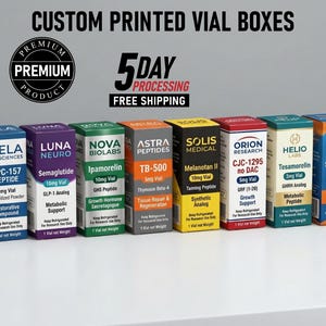 May include: A row of eight rectangular custom printed vial boxes in various colors, each labeled with brand names like Vela, Luna, Nova, Astra, Solis, Orion, Helio, and Phoenix, featuring text detailing peptide types, dosages, and usage instructions.
