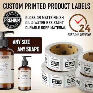 Custom Product Labels on Rolls | Sheets - High End Look | Choose Your Size | Glossy or Matte Finish | Oil + Water Resistant | Free Shipping