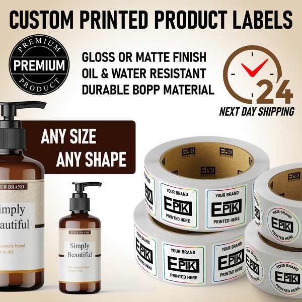 Custom Product Labels on Rolls | Sheets - High End Look | Choose Your Size | Glossy or Matte Finish | Oil + Water Resistant | Free Shipping