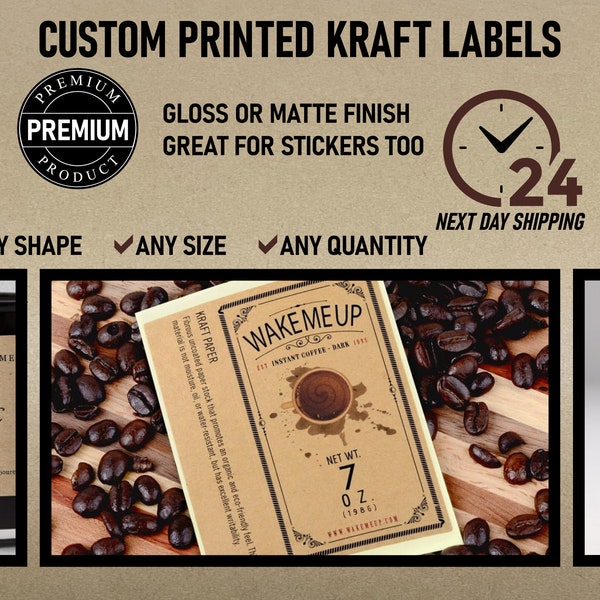 Custom Kraft Labels & Stickers on Rolls | Sheets - Crafted Look | Any Size Any Shape | Natural, Gloss or Matte Finish | Free Shipping