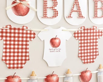 Decoraciones para baby shower "La niña de nuestros ojos", paquete de pancartas para baby shower de otoño, guirnalda de bodys personalizada, decoración de baby shower a cuadros rojos