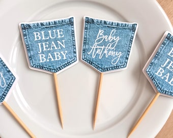 Printed & Shipped Blue Jean Baby Denim Pocket Cardstock Cupcake Toppers, Custom Name Toppers