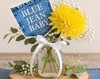 Blue Jean Baby Printed Denim Cardstock Stick Table Centerpiece