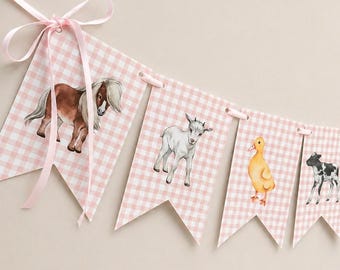 Farm Animal Birthday Party Banner: Pink Gingham Barnyard Decoration