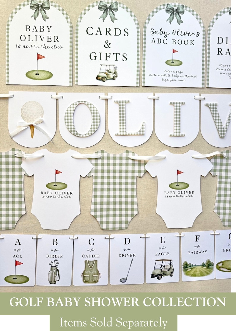 May include: A golf-themed baby shower collection featuring arched signs, a banner spelling OLIVER, onesie-shaped cards, and alphabet cards. Each item displays green gingham patterns, golf illustrations, and text including Baby Oliver is new to the club.