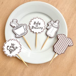 Cafe Bebe Cupcake Toppers, Coffee Baby Shower Toppers, Baby is Brewing Decor