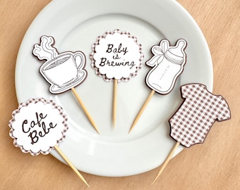 Cafe Bebe Cupcake Toppers, Coffee Baby Shower Toppers, Baby is Brewing Decor