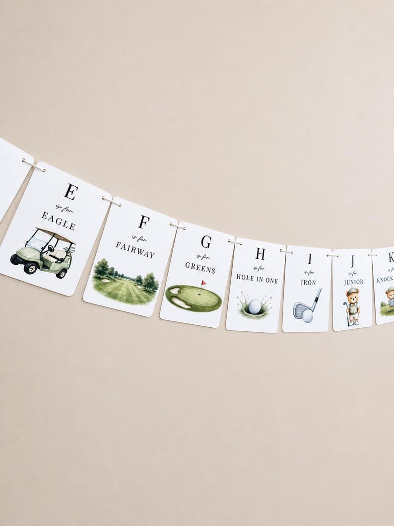 May include: A decorative banner featuring a series of white rectangular cards strung together. Each card displays a letter of the alphabet, the phrase 'is for', and a golf-themed illustration including an eagle, fairway, greens, and a junior golfer.