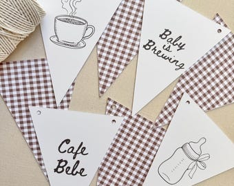 Coffee Baby Shower Banner, Baby is Brewing Decor, Cafe Bebe Garland, Brown Gingham
