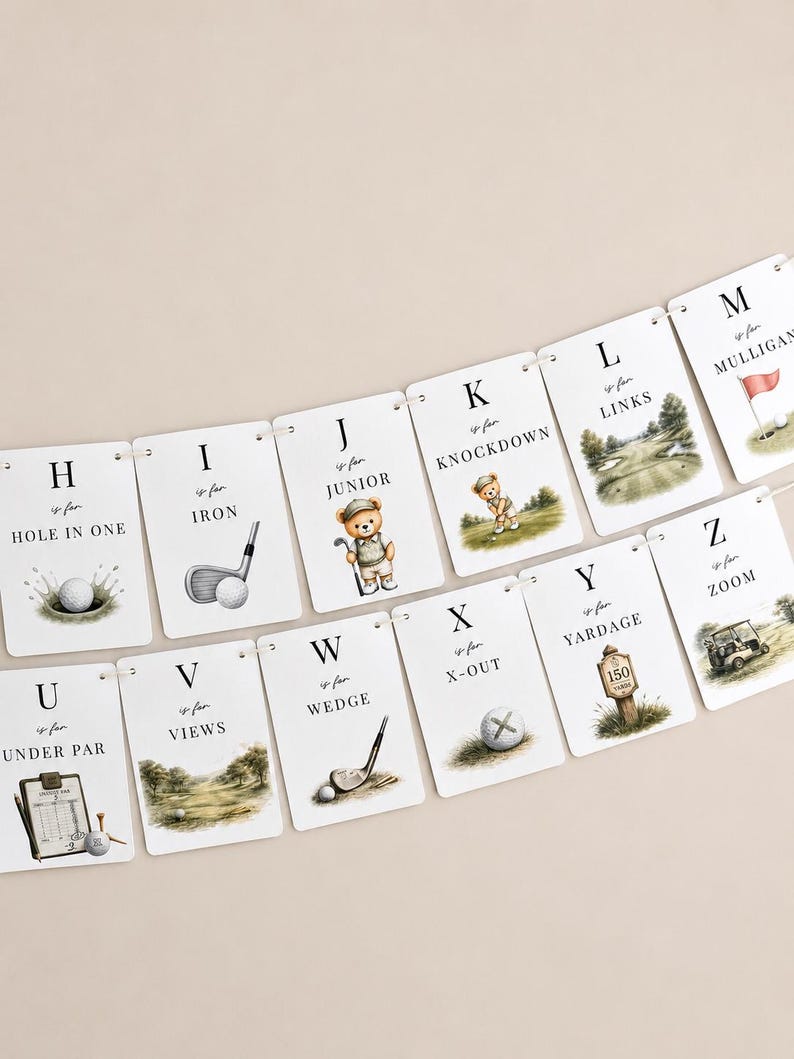 May include: A decorative banner featuring rectangular cards with golf-themed illustrations and alphabet letters from H to M and U to Z. Each card displays a letter, the phrase 'is for', and a golf term like 'Hole in One' or 'Yardage' with watercolour art.
