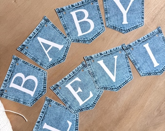 Custom Blue Jean Baby Shower Banner, Cardstock Denim Pocket Banner, Denim Party Decorations