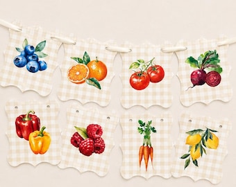 Gingham Vegetable Fruit Banner: Farmer's Market Party Decoration