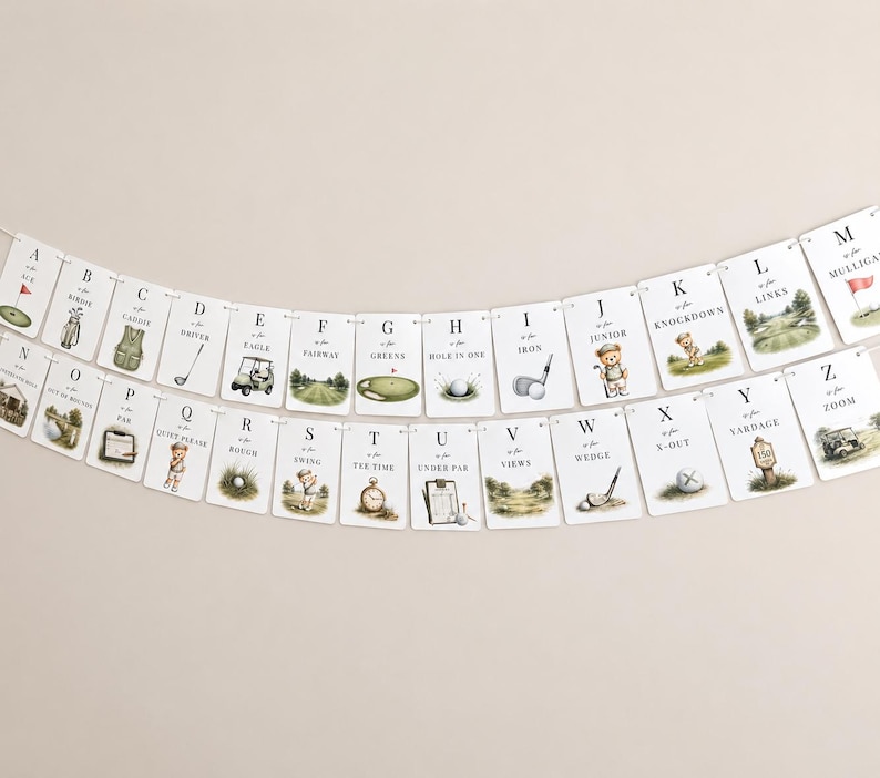 May include: A decorative banner featuring twenty-six white rectangular cards arranged in alphabetical order from A to Z. Each card displays a letter, a golf-themed word, and a watercolour illustration of golf equipment or a bear playing golf.