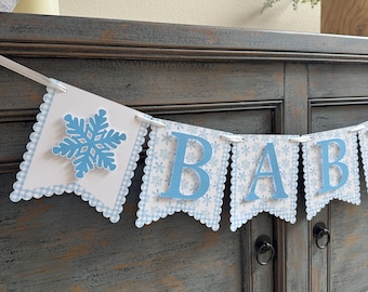 Custom Snowflake Baby Shower Banner, Blue Gingham Winter Party Garland