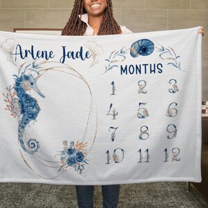 Seahorse Milestone Blanket,Milestone Blanket, Baby Growth Tracker, Baby Shower Gift, Keepsake Gift, Neutral Milestone Blanket SB-1001