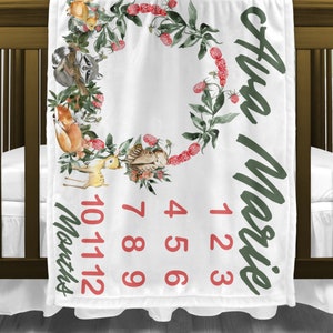 Personalized Woodland Animal Girl Milestone Blanket Month Growth Tracker Blanket,  Custom Baby Girl Shower Gift Woodland Animal, SB-1010