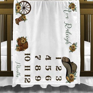 Personalized Western Milestone Blanket Month Growth Tracker Minky Blanket,  Custom Baby Boy Shower Gift Western Cowgirl, SB-1003
