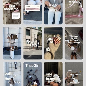 May include: A collage of twelve social media story frames featuring lifestyle content, including fashion outfits, coffee, digital product advice, and daily routine snippets with text overlays like a bit about me, trend alert, and that girl starter pack.