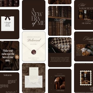 May include: A collection of dark brown and cream social media templates featuring various layouts with serif typography, including text placeholders, wax seal graphics, book imagery, and chess board patterns for digital content creation.