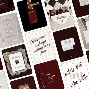 Op de afbeelding: Een verzameling social media graphics met een donkerrood en crèmekleurig palet. De ontwerpen bevatten tekstgebaseerde citaten, aankondigingen zoals Launching Soon en afbeeldingen zoals een deurhanger, enveloppen en een vintage telefoonhoorn.