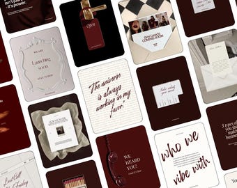 May include: A collection of social media graphics featuring a dark red and cream color palette. The designs include text-based quotes, announcements like Launching Soon, and imagery such as a door hanger, envelopes, and a vintage telephone handset.