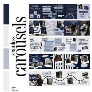 May include: A digital template set titled The Purple Collection featuring nine seamless carousels for social media. The design includes dark blue and white colour schemes, floral accents, text boxes, photo frames, and a timeline graphic for Canva.
