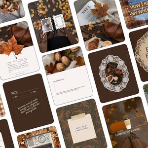 May include: A collection of digital social media templates featuring autumn-themed imagery, including fallen leaves, coffee cups, walnuts, and croissants, with brown and cream color palettes, text placeholders, and decorative lace-style frames.