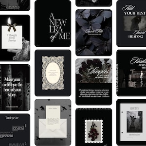 Könnte beinhalten: Eine Sammlung digitaler Social-Media-Vorlagen mit dunkler, gotisch inspirierter Ästhetik. Die Designs enthalten Schwarz-Weiß-Bilder von Schmetterlingen, Vintage-Spitzenrahmen, alten Büchern, Kerzen und Statuen mit Platzhaltern für individuellen Text.