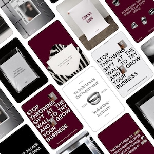 May include: A collage of digital marketing graphics featuring bold typography and minimalist layouts. The images display various messages in black, white, and deep maroon, including phrases like Stop throwing sh*t at the wall and your business.