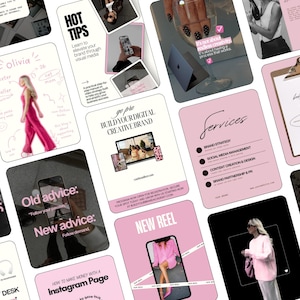 May include: A collection of digital marketing social media templates featuring a pink and white color scheme, including text overlays such as Hot Tips, Services, About Us, and New Reel, displayed in a grid layout for brand promotion.