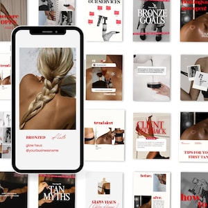 Puede incluir: Una pantalla de smartphone que muestra un feed de redes sociales con varias imágenes. La imagen central muestra a una persona con el cabello rubio trenzado, con el texto BRONZED of late, glow haus y @yourbusinessname en rojo y negro.