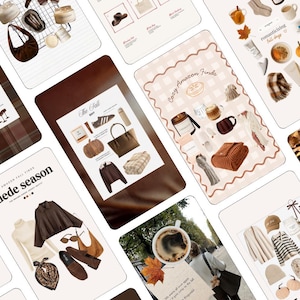 May include: A collage of multiple digital mood boards featuring autumn-themed lifestyle products including clothing, footwear, accessories, home decor, and beverages. The images display various items like sweaters, handbags, candles, pumpkins, and coffee mugs arranged in curated sets with text overlays such as 'suede season' and 'fall edit'.