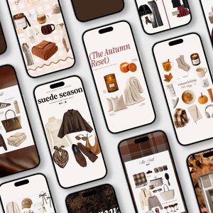 Op de afbeelding: Een verzameling smartphones met diverse digitale moodboards en gecureerde lifestyle-collages met herfstthema's zoals pompoenen, kaarsen, gebreide dekens, truien, loafers en handtassen, allemaal gerangschikt in een rasterindeling.