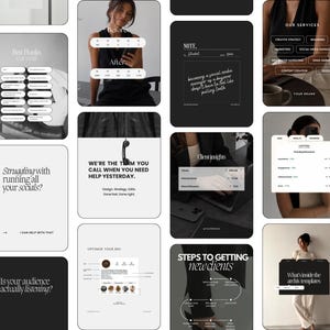 Peut inclure: Une collection de modèles numériques de marketing pour réseaux sociaux au design monochrome noir et blanc. Les mises en page incluent des diapositives textuelles avec des titres comme Best Hooks, Client Insights et Steps to Getting New Clients, ainsi que des maquettes de biographies de profil, de listes de services et de graphiques d'analyse de performance.