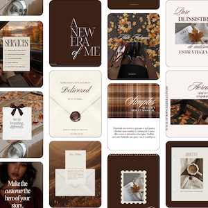 Peut inclure: Une collection de modèles numériques pour réseaux sociaux aux tons automnaux chauds de brun, crème et beige. Les designs présentent diverses mises en page avec une typographie serif, des sceaux de cire et des images de feuilles, café et papeterie.