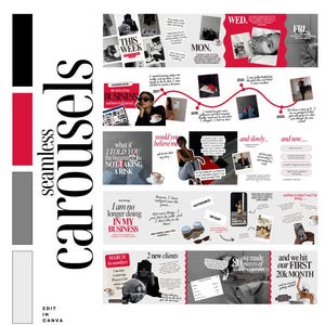 May include: A digital template set titled The Black Red Collection featuring nine seamless carousels for Canva. The layout includes black, red, and gray color blocks, text overlays, and various photographic elements documenting business growth.