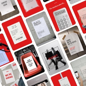 May include: A collage of various marketing posters and social media graphics featuring bold red backgrounds, white paper textures, and black typography. The designs include text such as Black Friday, Tip of the Day, Our Agency, and We're Hiring.