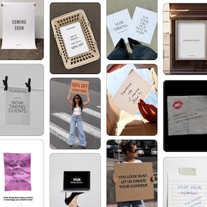May include: A collection of marketing and promotional signage featuring various text-based announcements, including 'Coming Soon', 'Now Hiring', '50% Off Everything', 'Now Taking Clients', and 'You Look Busy, Let Us Create Your Content' on paper and boards.