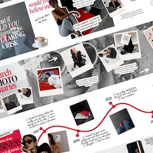 May include: A digital collage featuring multiple polaroid-style photos, text overlays, and a red timeline graphic. The images depict various lifestyle scenes, including a person in a black top and jeans, a coffee cup, and a red vehicle, all set against a background with large text and graphic elements.