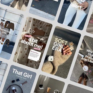 May include: A collage of social media story templates featuring lifestyle imagery, including coffee, clothing, tech accessories, and text overlays like 'new side hustles', 'trend alert', 'a bit about me', 'soft girl era', and 'that girl starter pack'.