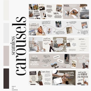 Op de afbeelding: Een digitale sjablonenset genaamd The Neutral Collection met negen naadloze carrousels voor sociale media. De lay-out bevat diverse tekstblokken, fotoplaatsaanduidingen en tijdlijngrafieken in neutrale tinten, ontworpen voor bewerking in Canva.