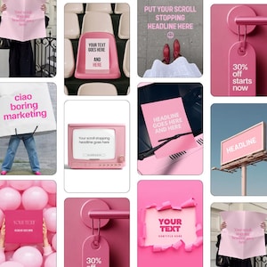 May include: A collection of twelve pink-themed marketing templates featuring various mockups including a newspaper, stadium seats, a television, a billboard, balloons, and hanging tags, all displaying placeholder text for headlines and marketing copy.