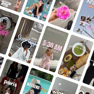 May include: A collection of digital social media story templates featuring various lifestyle scenes, including food, travel, fitness, and daily routines, with overlaid text elements like March Diaries, Sunday reset, 5:30 AM, and Spring Diaries.