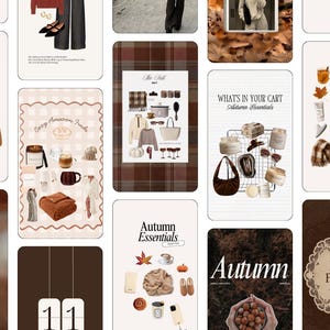 May include: A collage of multiple digital graphics featuring autumn-themed lifestyle products, including clothing, home decor, candles, mugs, and accessories, arranged in a grid layout with various text overlays like Fall Finds and Autumn Essentials.