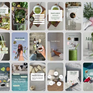 May include: A collection of eighteen digital social media story templates featuring various wellness and lifestyle themes, including food, drinks, supplements, and text overlays with placeholders like Your title here and Insert context.