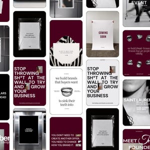 May include: A digital collage of marketing graphics featuring deep burgundy and white color schemes. The designs include bold typography, text such as 'Stop throwing sh*t at the wall', and imagery of mouths, posters, and branded documents.