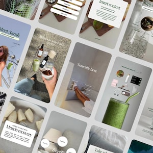 May include: A collection of digital social media templates featuring various layouts with text placeholders, lifestyle imagery including green smoothies, wellness supplements, and aesthetic interior design elements for content creation.