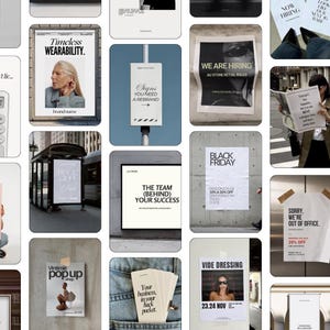 以下が含まれることがあります： 「Timeless Wearability」、「We Are Hiring」、「Black Friday」、「The Team Behind Your Success」、「Vide Dressing」、「Your Business, In Your Back Pocket」など、多様なマーケティングメッセージが記載されたポスターや看板のコラージュ。