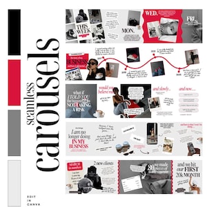 May include: A digital template set titled The Black Red Collection featuring nine seamless carousels for Canva. The layout includes black, red, and gray color blocks, text overlays, and various photographic elements documenting business growth.